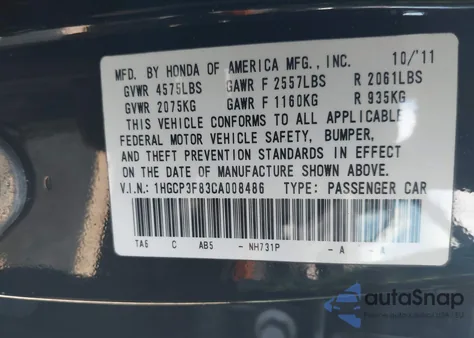 2012 Honda Accord Exl from USA, damaged, VIN 1HGCP3F83CA008486